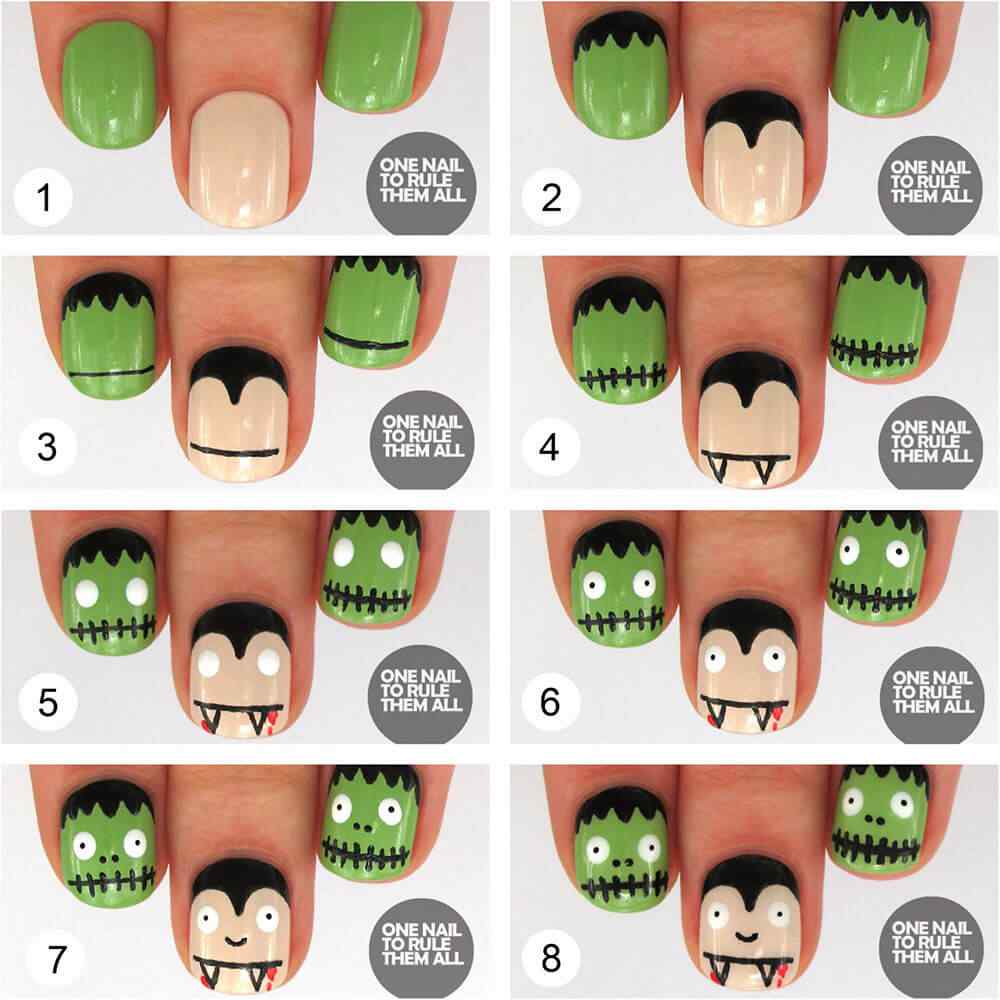 Uñas de halloween Dracula y Frankenstein